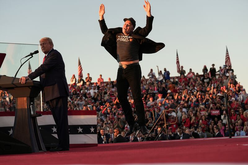 Elon Musk takes the stage as Donald Trump speaks at a  campaign rally in Butler, Pennsylvania. Photograph: Doug Mills/The New York Times