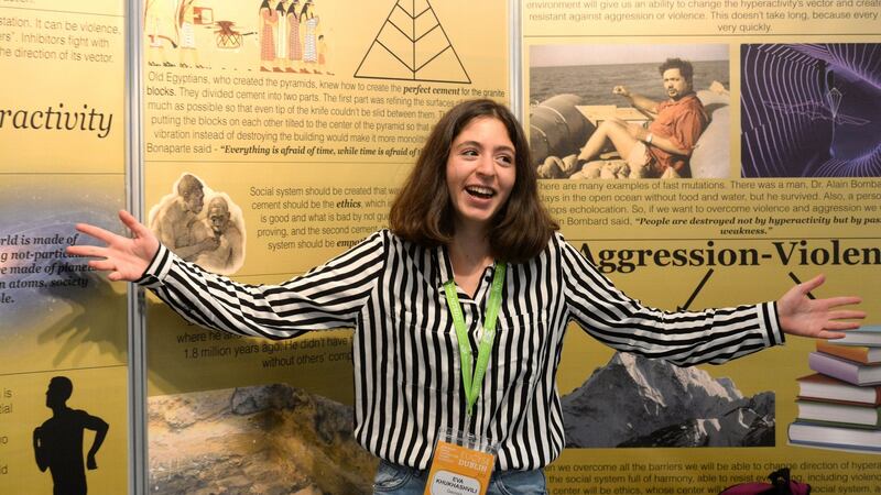 Eva Khukhashvili from Georgia at her stand, Violence and Possible ways of its Prevention, at the European Union Contest for Young Scientists at the RDS. Photograph: Cyril Byrne/The Irish Times