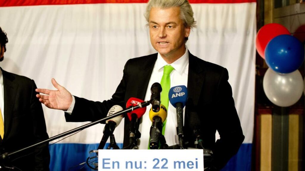 Dutch Party for Freedom leader Geert Wilders speaks to supporters on election night in The Hague. First predictions indicate that the party has won the Dutch municipal council elections in the cities Almere and The Hague. Photograph: Robin Utrecht/EPA