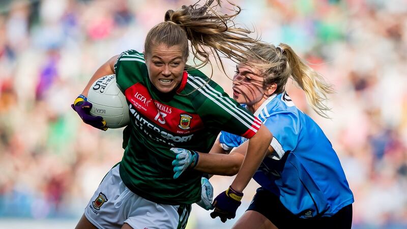 Mayo’s Sarah Rowe is tackled by Dublin’s Martha Byrne at Croke Park. Photograph: Morgan Treacy/Inpho