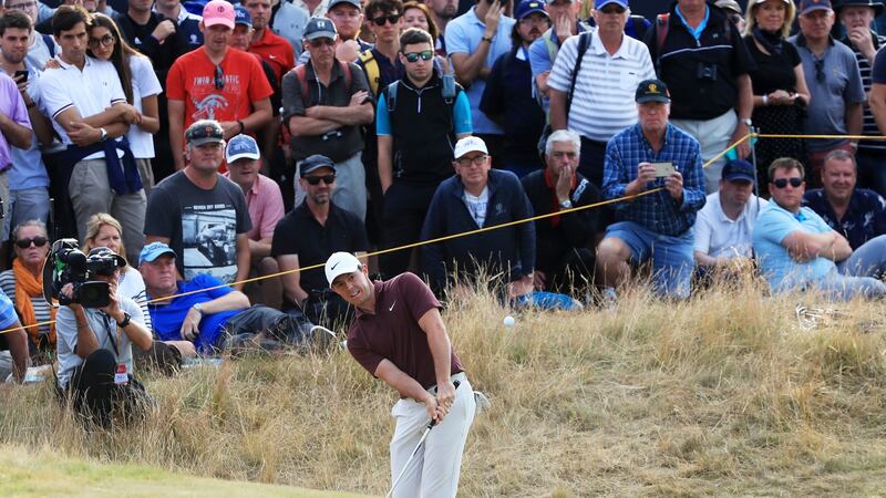 Rory McIlroy  chips on to the 17th green during the third round of the British  Open  at Carnoustie. Photograph: Sam Greenwood/Getty Images