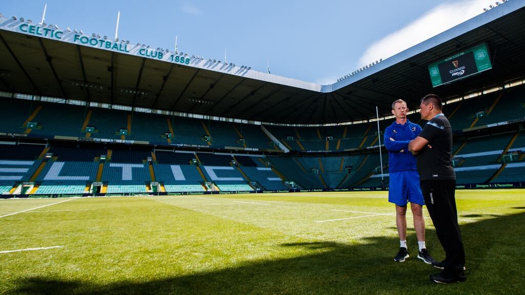 Leinster head coach Leo Cullen talks to his Glasgow counterpart Dave Rennie at the Leinster Captain’s Run at Celtic Park ahead of Saturday’s Guinness Pro 14 final. Photograph: James Crombie/Inpho