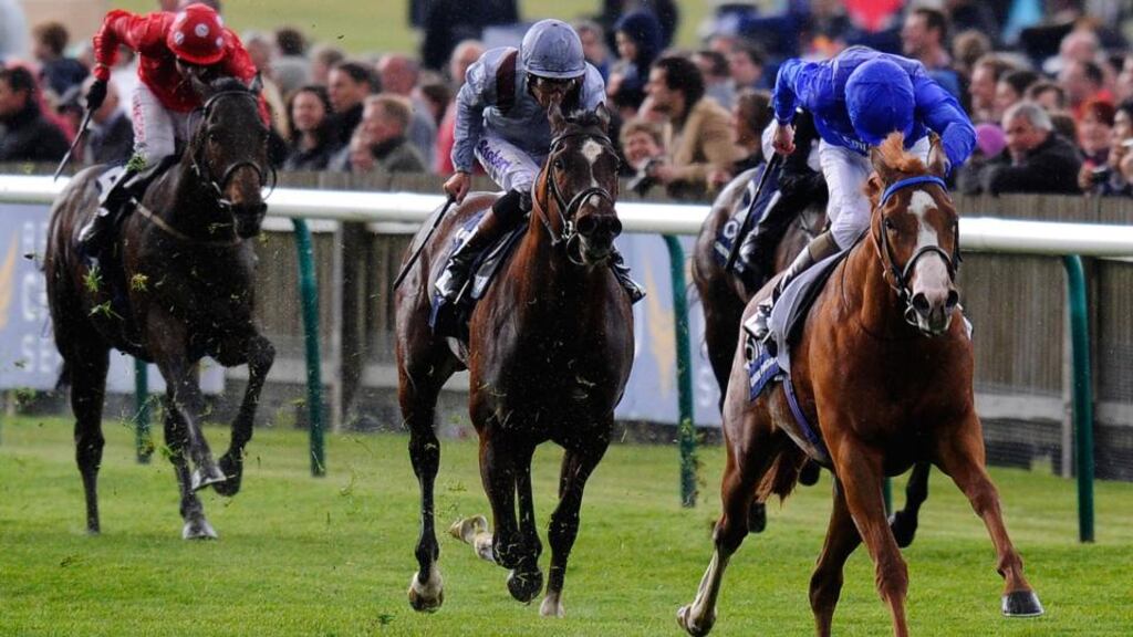 Kevin Manning riding Dawn Approach on the way to winning  The Qipco 2000 Guineas Stakes at Newmarket. Photograph: Alan Crowhurst/Getty Images