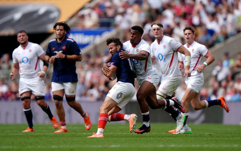 France's Antoine Hastoy bears the brunt of a timing and technique failure by Immanuel Feyi-Waboso. Photograph: Bradley Collyer/PA Wire