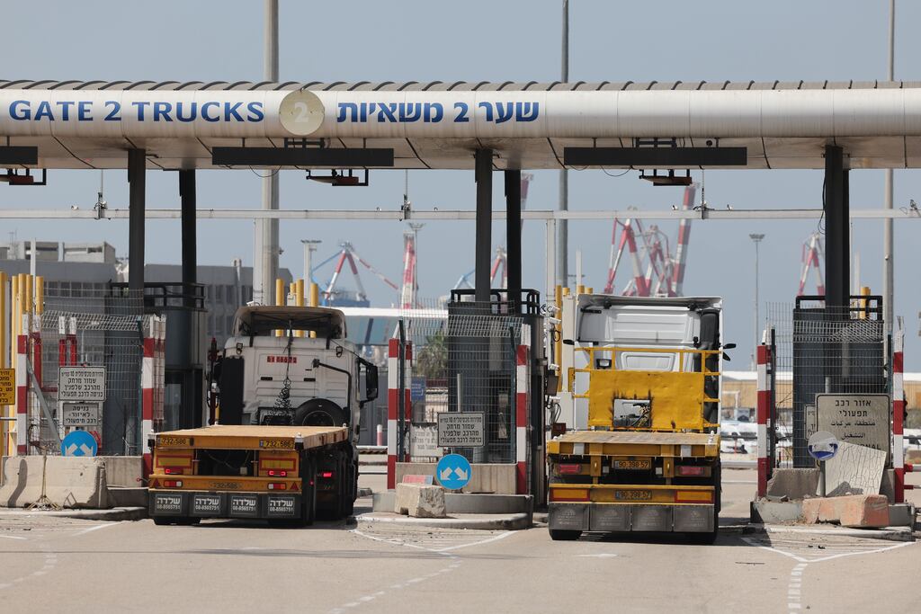 Trucks at the entrance to the port of Ashdod, southern Israel, last week. Israel approved the reopening of the northern Gaza border crossing of Erez but aid agencies say change has been too slow to materialise. Photograph: Abir Sultan/EPA
