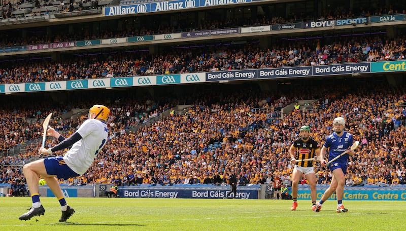 Clare goalkeeper Eibhear Quilligan saves a goalbound effort from Mikey Carey of Kilkenny. Photograph: James Crombie/Inpho