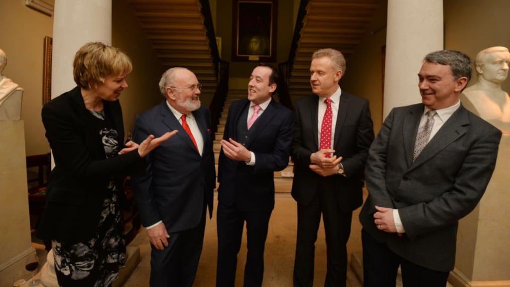 Senator Ivana Bacik; Senator David Norris; Bryan Lucey, the head of the newly formed King’s Inns Gay, Lesbian, Straight Alliance; Patrick Treacy SC; and Dr John Murray from the Iona Institute meet before the start of the King’s Inns marriage referendum debate. Photograph: Alan Betson