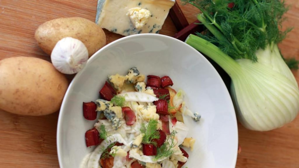 Rhubarb and fennel salad with Cashel Blue and potato crisps. Photograph: Nick Bradshaw