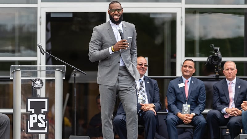 James addresses the crowd during the opening ceremonies of the I Promise School in Akron, Ohio. Photo: Jason Miller/Getty Images