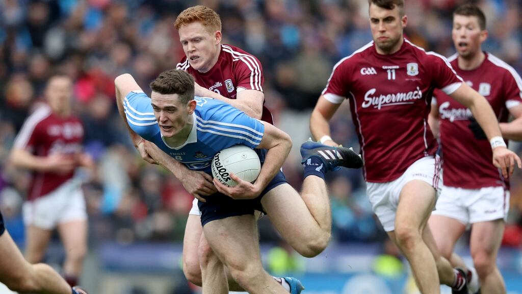 Dublin and Galway in action in the Allianz Football League Division One Final. The teams meet again in the All-Ireland semi-final on Saturday at Croke Park. Photograph: Bryan Keane/Inpho