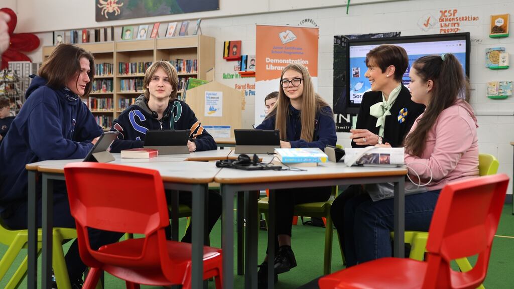 Minister for Education Norma Foley visiting Ukranian students from left; Peter Babenko, Rostyslav Kuznetc, Kate Peterman and Anastasia Rudnytska, who have started attending Trinity Comprehensive School, Ballymun, Dublin. Photograph: Dara Mac Dónaill