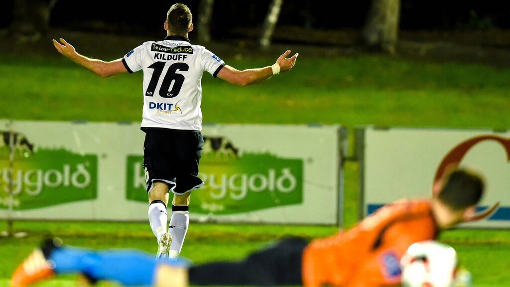 Dundalk’s Ciaran Kilduff celebrates scoring the winning goal in the FAI cup match against UCD at Belfield Bowl. Photograph: Tom Beary/Inpho