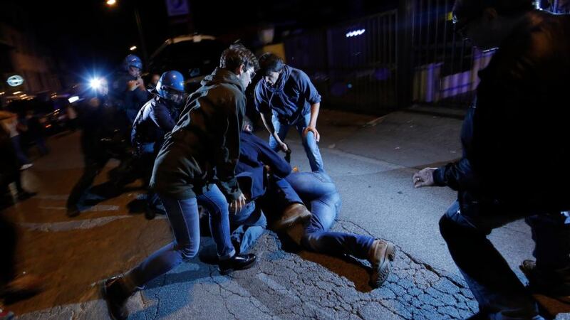 Police riots block supporters of Nazi war criminal Erich Priebke in Albano Laziale near Rome October 15, 2013. Italians shouted abuse and kicked the hearse of the Nazi war criminal at his funeral ceremony, held near Rome despite attempts by the local mayor to prevent it. Photograph: Yara Nardi/Reuters