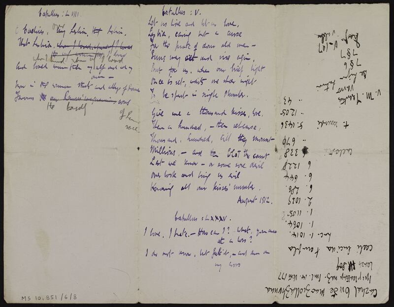 Thomas MacDonagh’s handwritten translations of Catullus 5 (top centre), Catullus 85 (bottom centre), Catullus 58 (top left) Photograph: National Library of Ireland / NLI MS 10,851/6/8