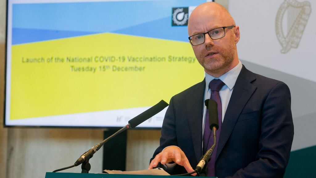 Minister for Health Stephen Donnelly during the launch of the National Covid-19 vaccination strategy at the Department of Health, Miesian Plaza, Baggot Street Dublin. Photograph: Gareth Chaney/Collins