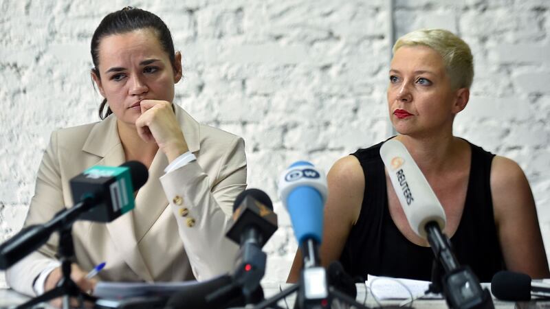Presidential candidate Svetlana Tikhanovskaya and her ally Maria Kolesnikova hold a press conference the day after Belarus’ presidential election in Minsk on Tuesday. Photograph: Sergei Gapon/ AFP/Getty Images