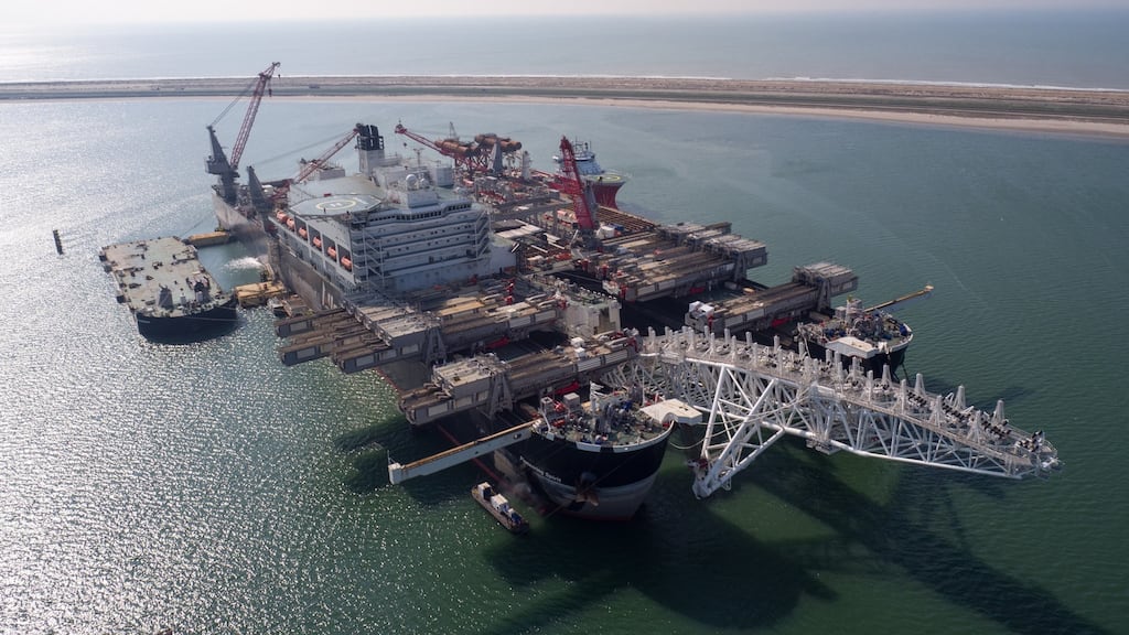 The construction vessel Pioneering Spirit  at the construction site of TurkStream and Russian company Gazprom gas pipelines offshore of Anapa city in the Black Sea in June, 2017. Photograph: TurkStream Project/Anadolu Agency/Getty Images