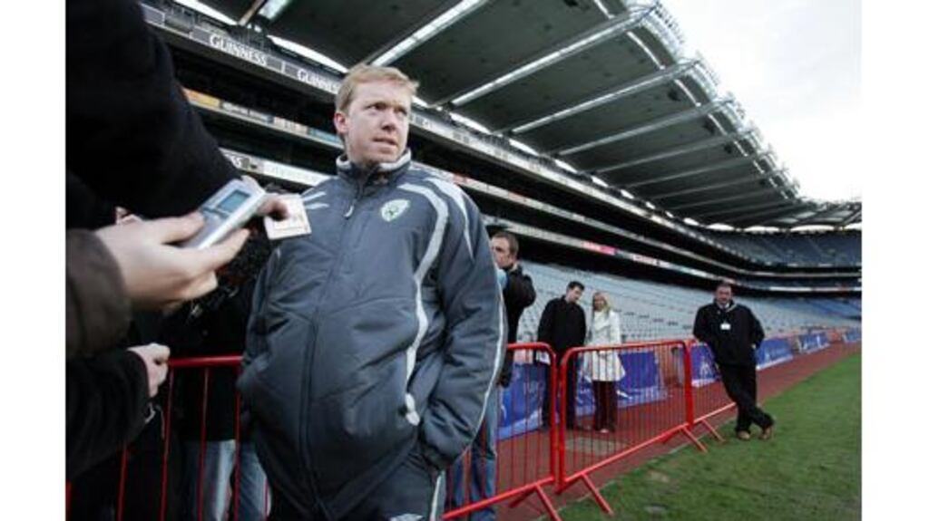 Republic of Ireland manager Steve Staunton at the squad's first
training session at Croke Park yesterday ahead of Saturdays match
against Wales. Staunton is likely to have a full squad to pick from
as those on the injury list are expected to recover in time to
play.