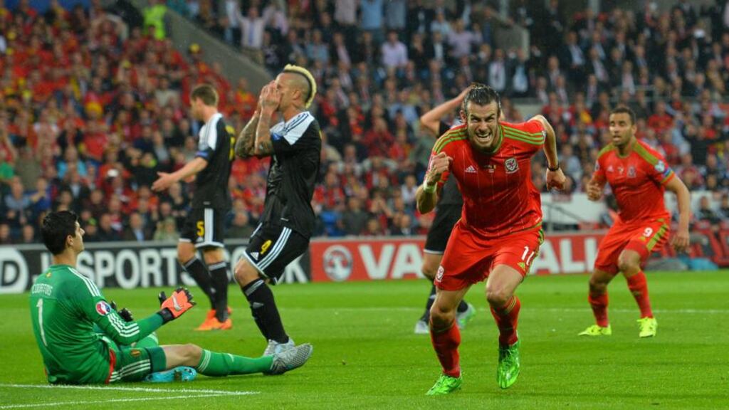 Gareth Bale celebrates scoring for Wales in their Euro 2016 Group B qualifying game against Belgium at Cardiff City Stadium. Photo: Glyn Kirk/AFP/Getty Images