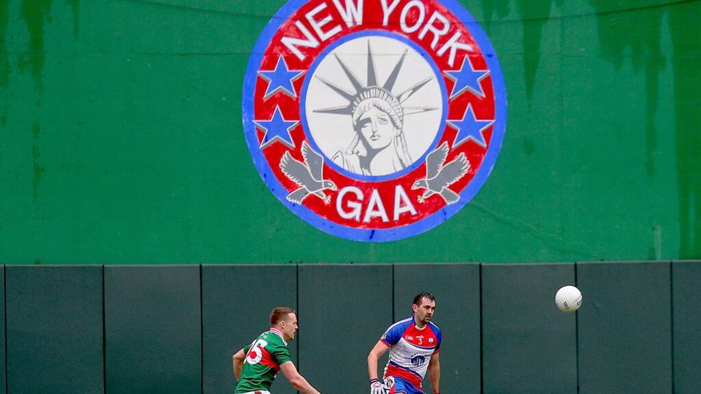 Mayo’s Andy Moran and Gerard McCartan of New York in action during the Connacht SFC quarter-final at Gaelic Park in New York in May 2019. Photograph: Andy Marlin/Inpho