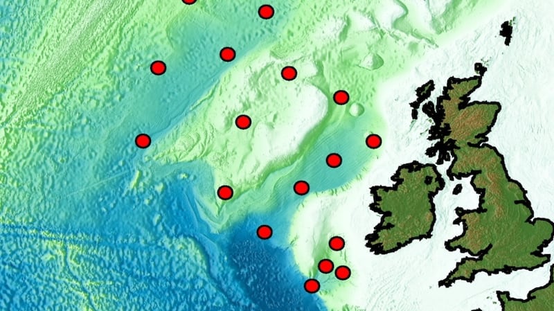 The Marine Institute’s research vessel RV Celtic Explorer is due to leave Cork on Tuesday to deploy the 18 seismometers, covering the entire Irish offshore area as well as areas in British and Icelandic waters (above image shows deployment location of 16 or them. One further one is close to the coast of France and another is further north, close to Iceland). Credit: SEA-SEIS