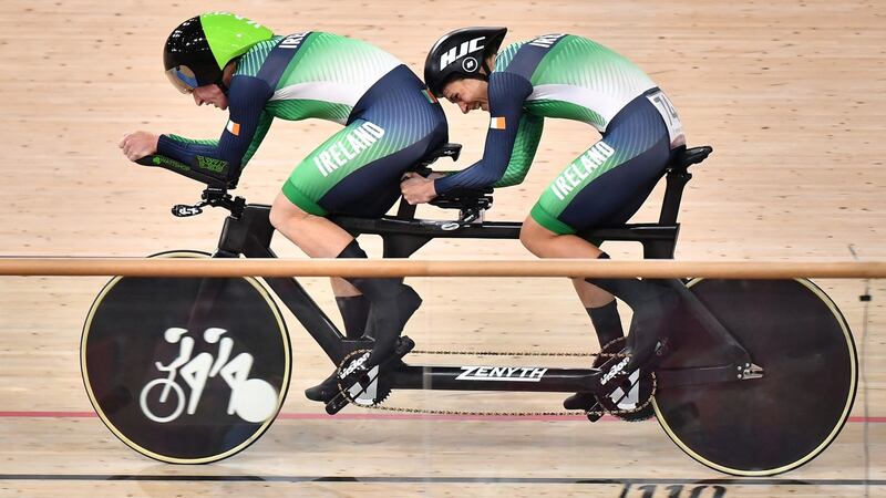 Ireland’s Katie George Dunlevy and her pilot Eve McCrystal compete in the women’s B 3000m individual pursuit final. Photograph: Kazuhiro Nogi/AFP via Getty Images