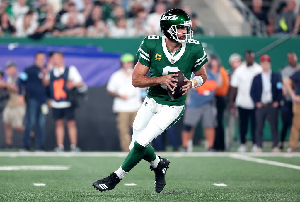 Aaron Rodgers of the New York Jets in action against the New England Patriots at MetLife Stadium, New Jersey. Photograph: Al Bello/Getty Images