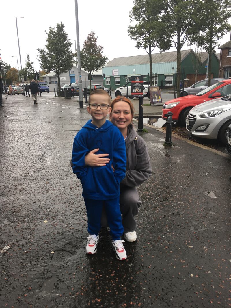 Ardoyne resident Aine McComb with her six-year-old son, Fiacra. Photograph: Seanín Graham