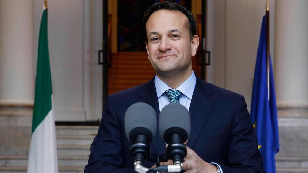 Taoiseach Leo Varadkar speaking on the steps of Government Buildings Dublin as he addressing the public on steps to ease the existing Covid-19 restrictions. Photograph: leon Farrell/Photocall Ireland
