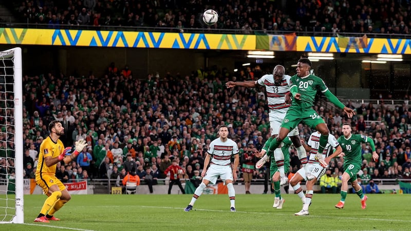 Chiedozie Ogbene rises to the occasion against Portugal. Photograph: Dan Sheridan/Inpho