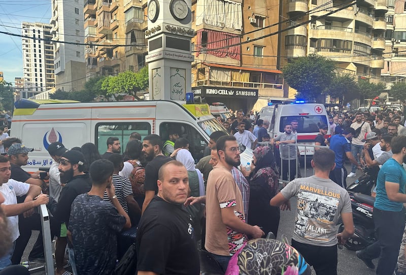 Ambulances carry injured people after the Israeli strike in Beirut on Friday. Photograph: Wael Hamzeh/EPA