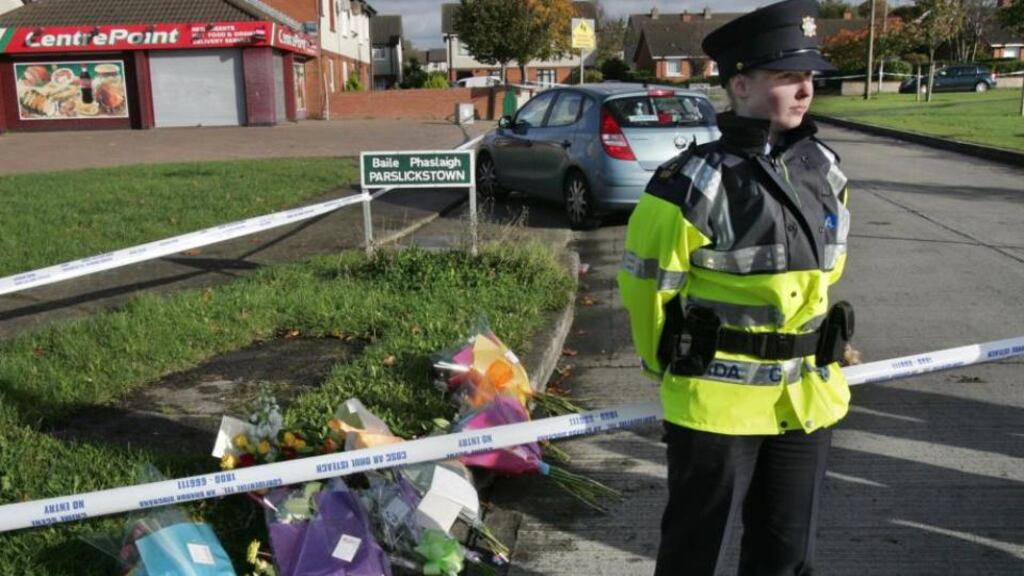Flowers at the scene of the fatal shooting of Jason Egan at the junction of Ladyswell Road and Parlicktown, Mulhuddart, west Dublin in 2009. Photograph: Matt Kavanagh/The Irish Times