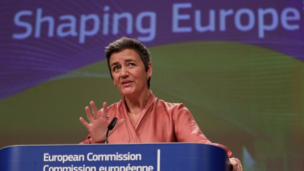 The executive vice-president of the European Commission for a Europe fit for the digital age Margrethe Vestager at a press conference in Brussels, Belgium. Photograph: Olivier Hoslet/EPA