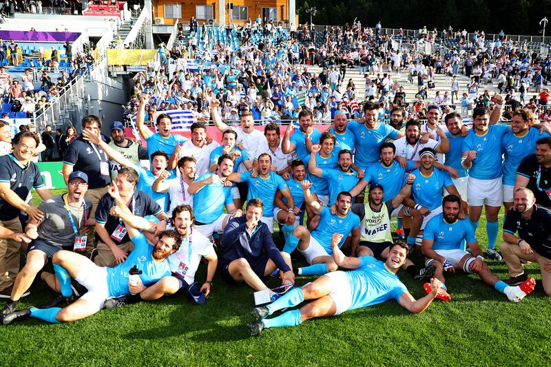 Uruguay players and staffs celebrate after the Rugby World Cup 2019 Group D game between Fiji and Uruguay. Photograph: Warren Little - World Rugby/World Rugby via Getty