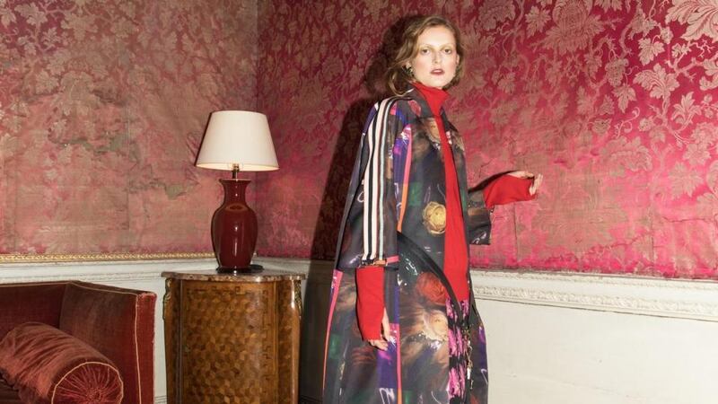 Printed bonded satin opera coat €270, cashmere mix hardware polo €120, swan jacquard Lurex skirt €120, rose-printed velvet leggings €75, velvet shoes €140