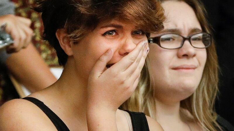 Sheryl Acquaroli and Ashley Santoro, students from Marjory Stoneman Douglas High School, at the Florida state Capitol in Tallahassee. Photograph: Colin Hackley/Reuters