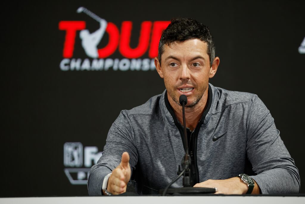 Rory McIlroy at a press conference prior to the Tour Championship at East Lake Golf Club in Atlanta, Georgia. Photograph: Cliff Hawkins/Getty Images