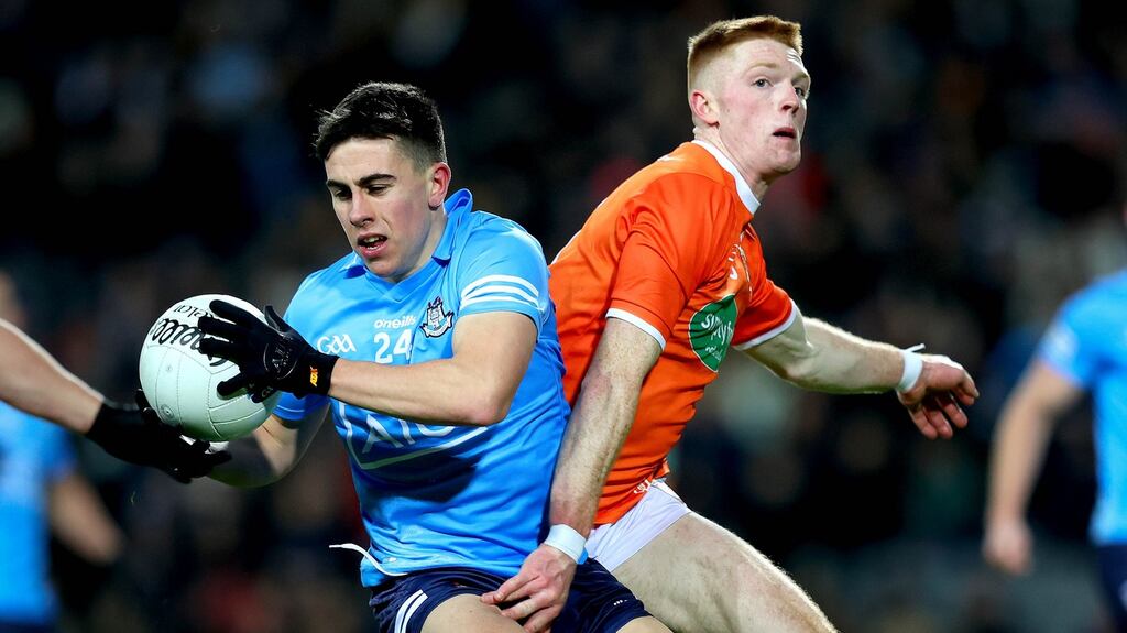 Armagh’s Ciarán Mackin challenges Dublin’s Lorcan O’Dell during the Allianz Football League Division 1 match at Croke Park. Photograph: Ryan Byrne/Inpho