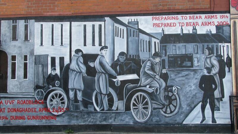 A wall mural commemorates a Donaghadee UVF road block at the time of the April 1914 Larrne gun-running when the UVF smuggled in 20,000 rifles from Austria-Hungary. Whether Berlin or Vienna had a hand in it remains unclear.