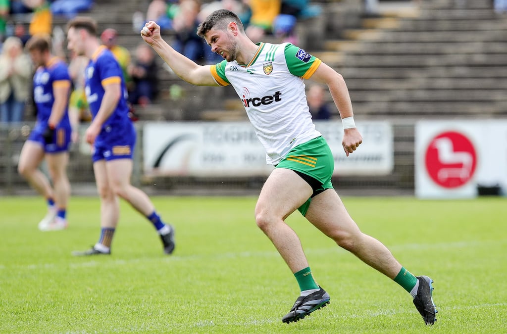 Donegal's Ryan McHugh celebrates scoring a goal during the Al-Ireland SFC Round 3 game against Clare at Hastings MacHale Park in Castlebar. Photograph: Natasha Barton/Inpho