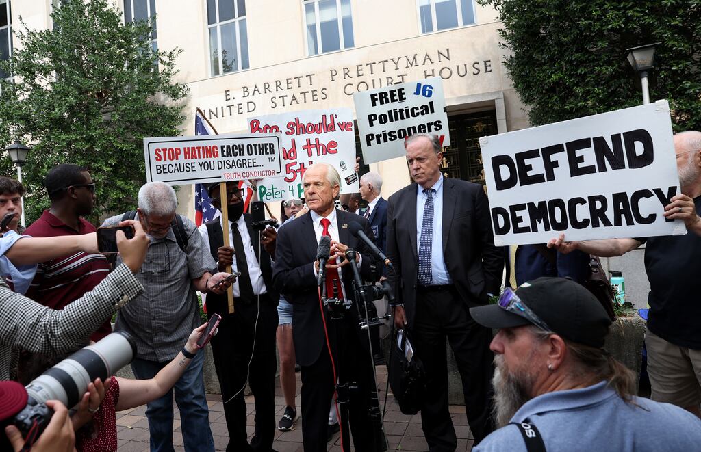 Peter Navarro speaks to reporters outside the courthouse in Washington, DC after being found guilty of contempt of Congress. Photograph: Kevin Dietsch/Getty Images