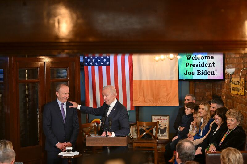 US president Joe Biden gestures to Tánaiste Micheál Martin at the Windsor Bar and Restaurant in Dundalk, on the second day of his visit to Ireland. Photograph: The New York Times