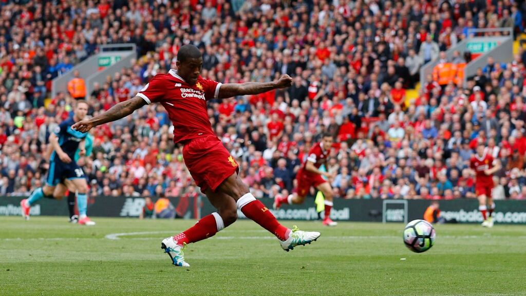 Georginio Wijnaldum’s goal on the stroke of half time helped Liverpool past Middlesbrough at Anfield. Photograph: Phil Noble/Reuters