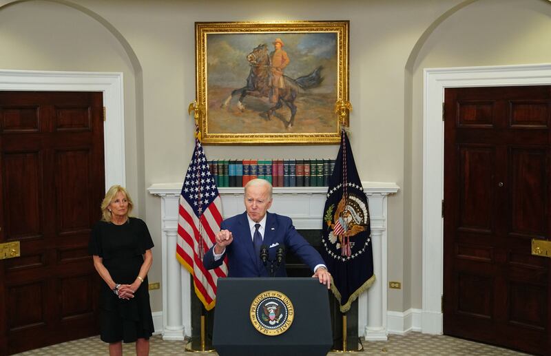 US President Joe Biden delivers remarks in the White House after a gunman shot dead 18 young children at an elementary school in Texas. Photograph: Stefani Reynolds/AFP/Getty Images