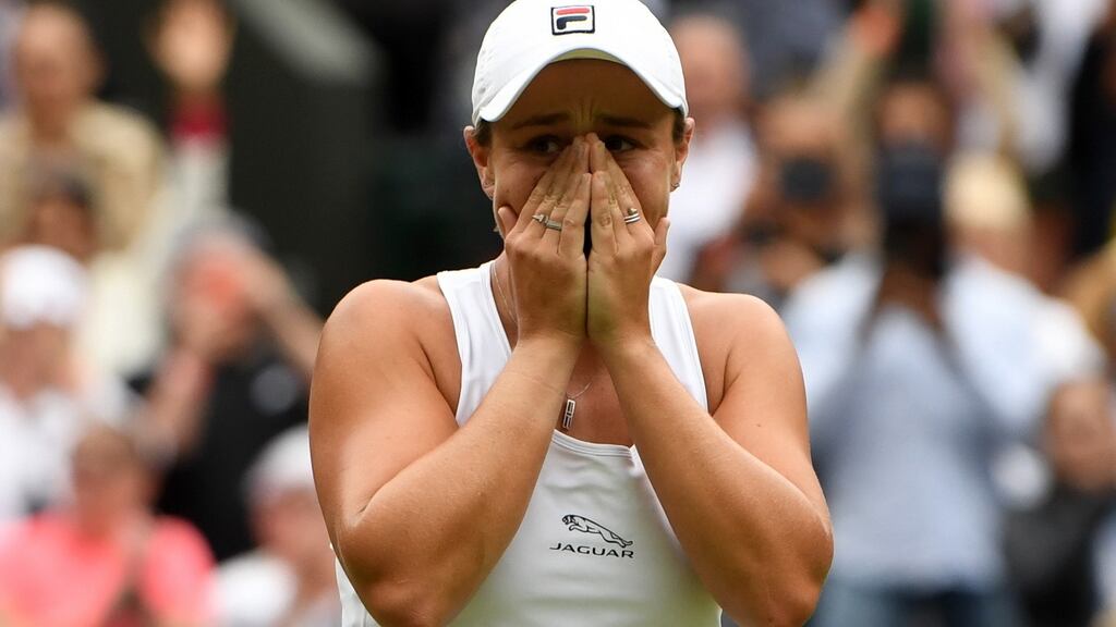 Ashleigh Barty of Australia reacts after winning her women’s final match against Karolina Pliskova at the Wimbledon Championships. Photograph: Neil Hall/EPA
