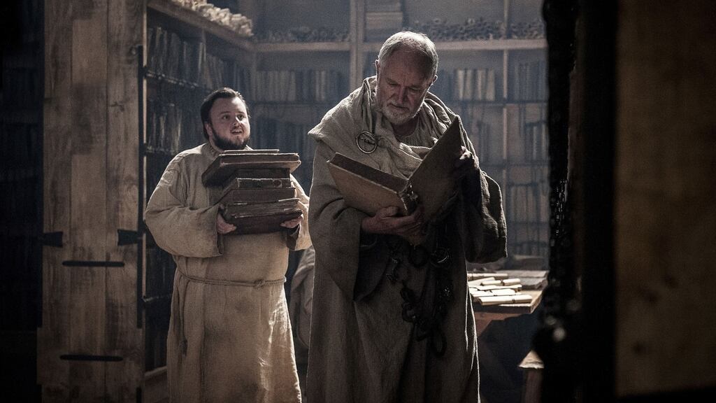 Jim Broadbent as Archmaester Ebrose John Bradley-West as Samwell Tarly in Game of Thrones by HBO. The company has been the target of a cyber attack. Photograph: HBO/Sky/PA Wire