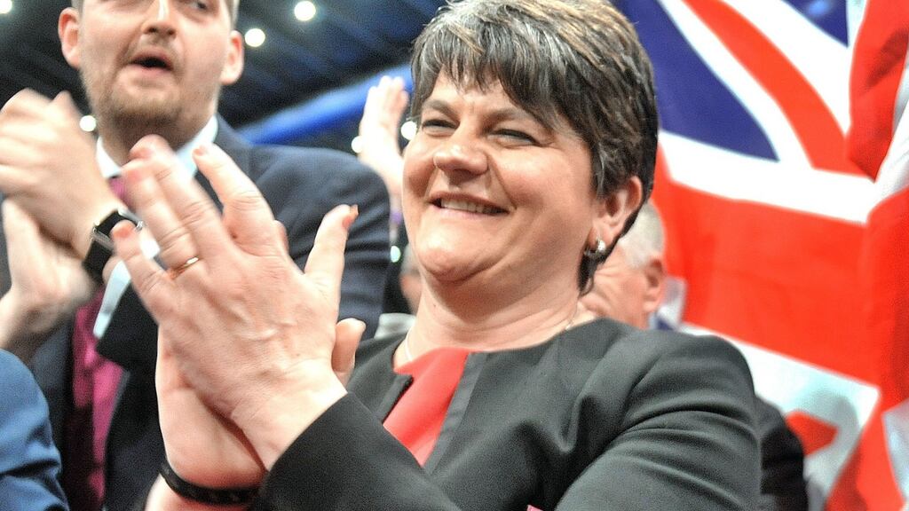 A delighted DUP leader Arlene Foster at the Belfast Count Centre on Friday supporting MP Gavin Robinson who had just been elected in East Belfast. Alan Lewis- PhotopressBelfast.co.uk .