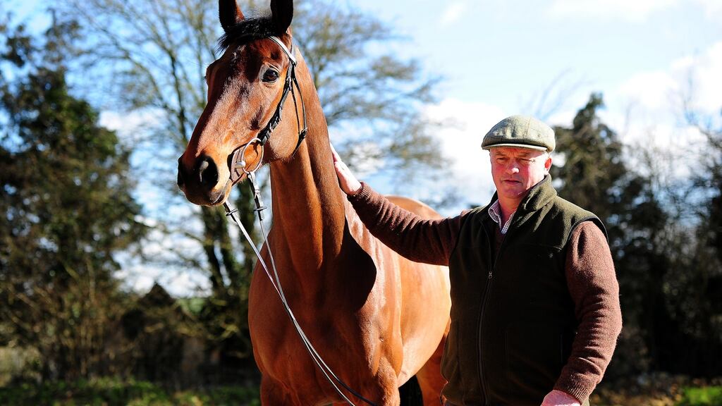 Colin Tizzard with Thistlecrack at Spurles Farm in Sherborne, England. The trainer has a proven record of festival success. Photograph: Harry Trump/Getty Images