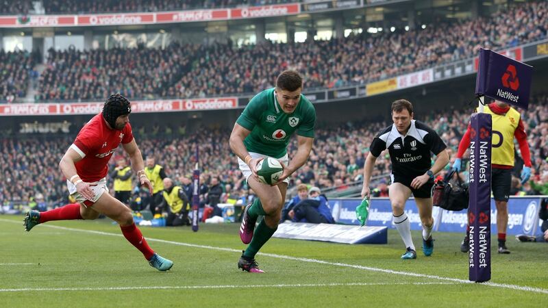 Stockdale scores his first try. Photograph: Brian Lawless/PA Wire