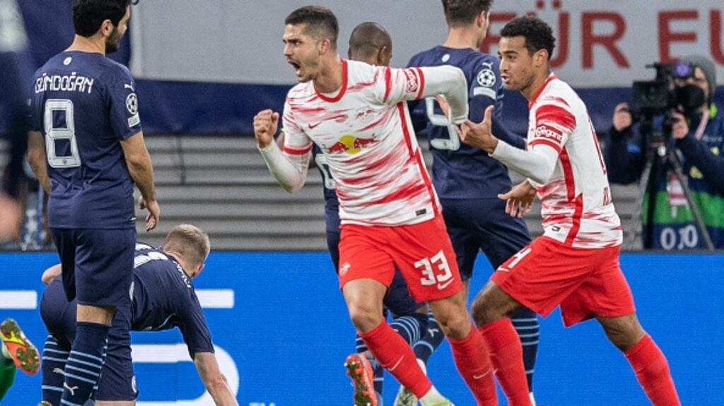 Andre Silva of RB Leipzig celebrates with teammates after scoring his team’s second goal. Photograph: Boris Streubel/Getty Images